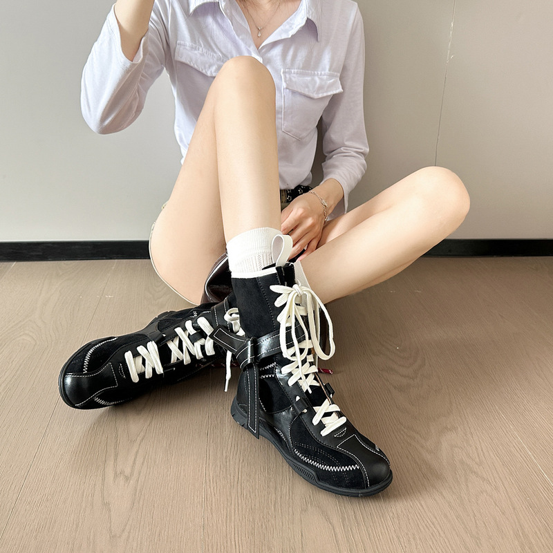 美拉德复古中筒猎装德训马丁靴子女2025秋季新款时髦拼色拳击靴女|undefined