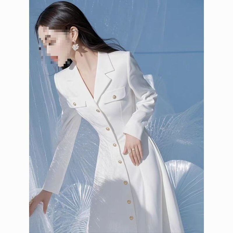 New Spring and Autumn Style, Cool and Chic French-Style Long Dress, Elegant Ladylike Shirt-Style White Dress