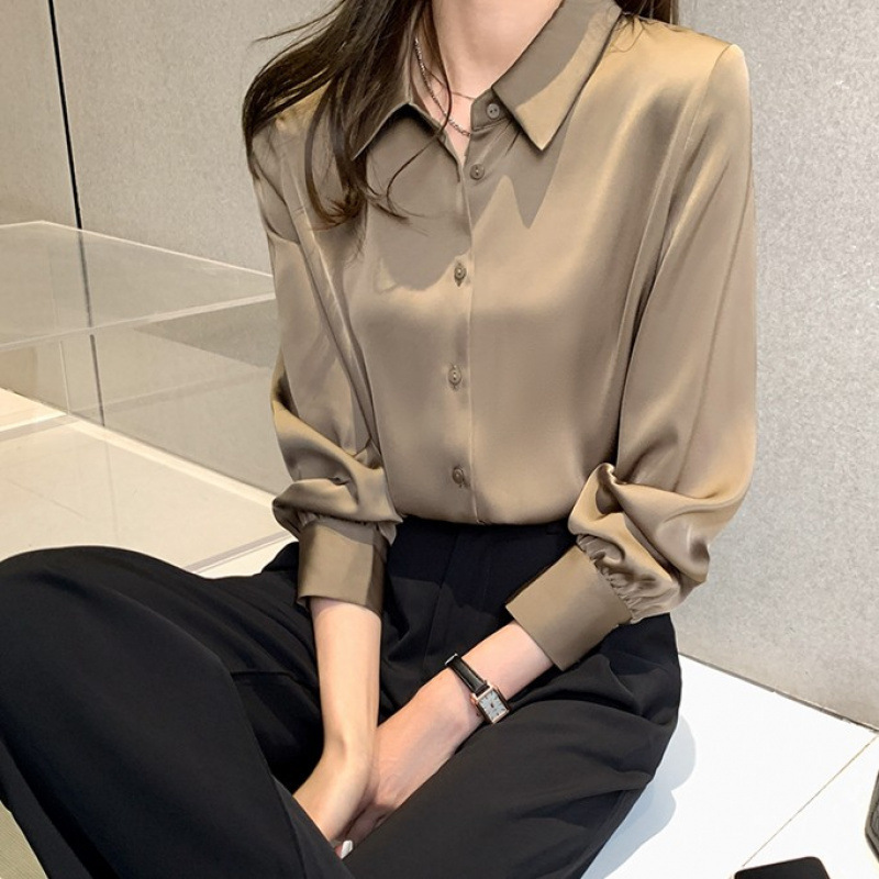 高档衬衫女光滑面料衬衫2025春夏季长袖外穿时尚百搭抗皱白衬衣