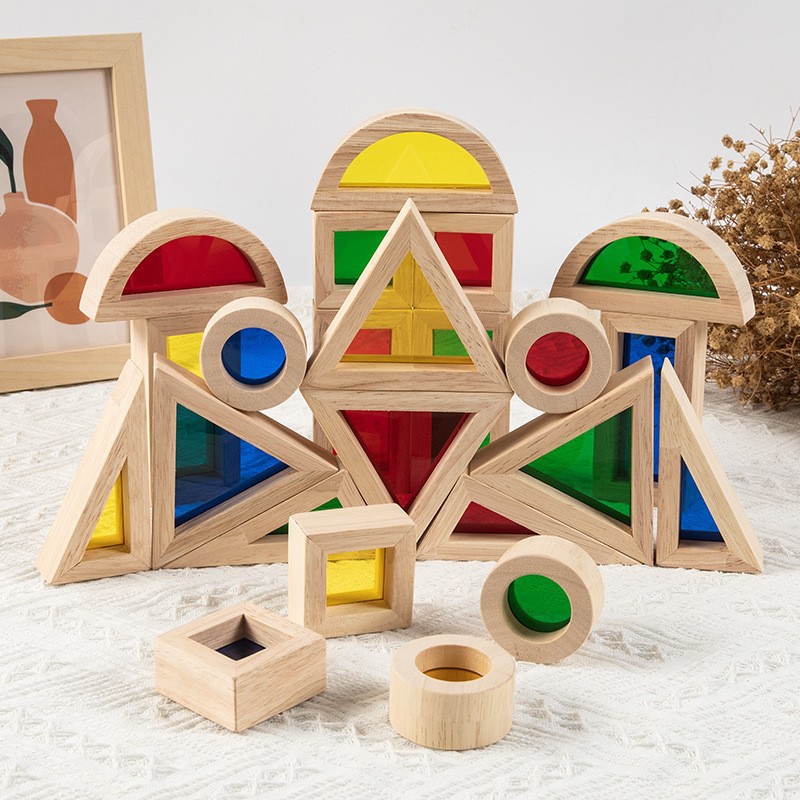 Madera acrílica 24 bloques de construcción creativos de arco iris, origen de madera, educación temprana cognitiva, juguetes de rompecabezas sensoriales