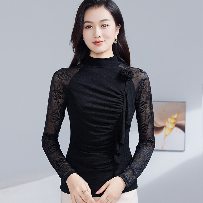 秋装蕾丝长袖拼接小衫女上衣设计感荷叶边洋气半高领打底衫女潮|undefined