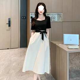 赫本风连衣裙2025夏季韩版新款拼接假两件套修身小个子长裙女