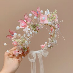 新しい子供の花輪ヘッドバンド森スタイル女の子花編組ヘアストリーマーヘッドバンド女の子フラワーガールスーパー妖精頭飾り手作り