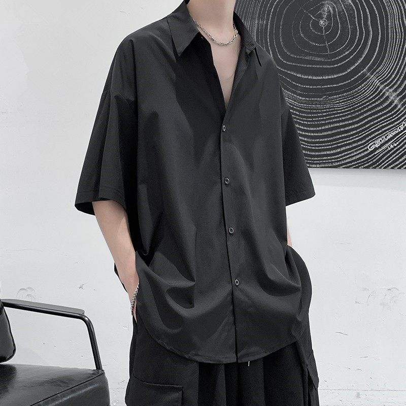 Summer Hair stylist high-end good-looking dk uniform solid color half sleeve white shirt Ice Silk Loose short sleeve shirt men