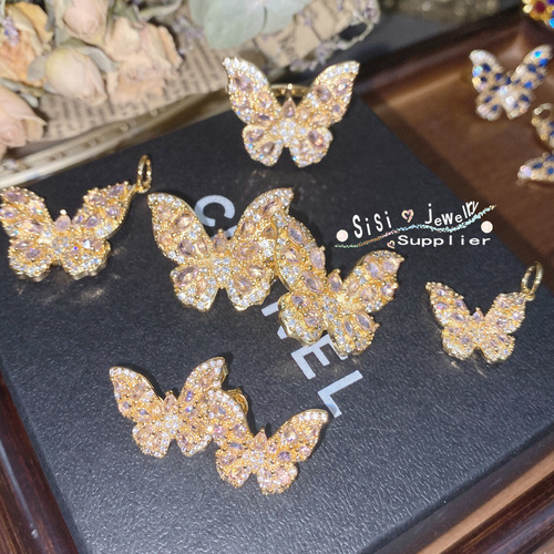 SIsi padparadscha pink butterfly set for women, super fairy plated 18K gold micro-paved green spinel Cuic zircon earrings