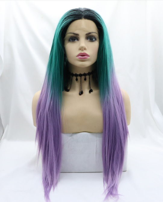 Gradiente verde púrpura cabello recto cabello largo fabricantes al por mayor fibra química de alta temperatura peluca LW0272