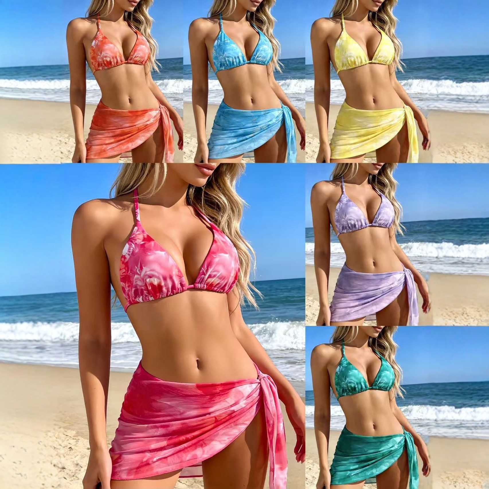 Dreiteiliger Bikini mit Blumenmuster, Triangel-Design, Bindegürtel im europäischen und amerikanischen Stil_voghion.com