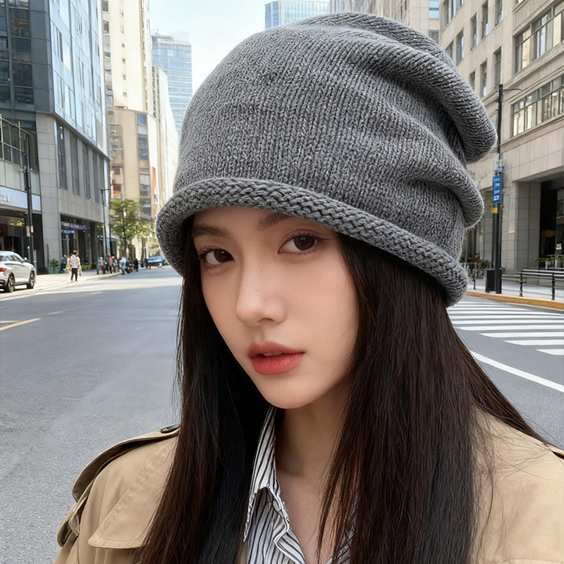 秋冬新款堆堆帽子女大头围显脸小毛线帽针织套头帽情侣春秋包头帽|undefined