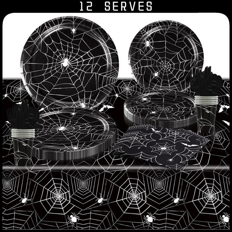 Halloween Spider Web Theme Holiday Party Decorative Tableware Set for 12 People Disposable Paper Plate Paper Towel Tablecloth