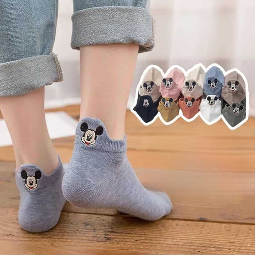 Summer and Autumn New Arrival Socks, Japanese Mickey Mouse Embroidery Women's Boat Socks, Solid Color Low Top Slip-On Short Socks