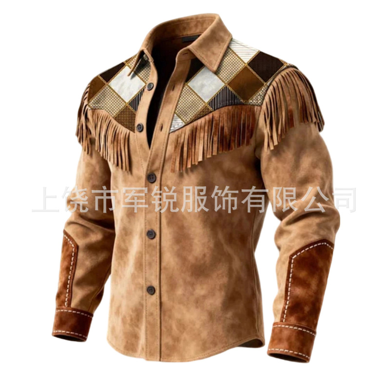 American Retro Men's Western Tassel Shirt Cross-Border Printed Long-Sleeved Hunting Shirt American Retro Men's Western Tassel Shirt Cross-Border Printed Long-Sleeved Hunting Shirt