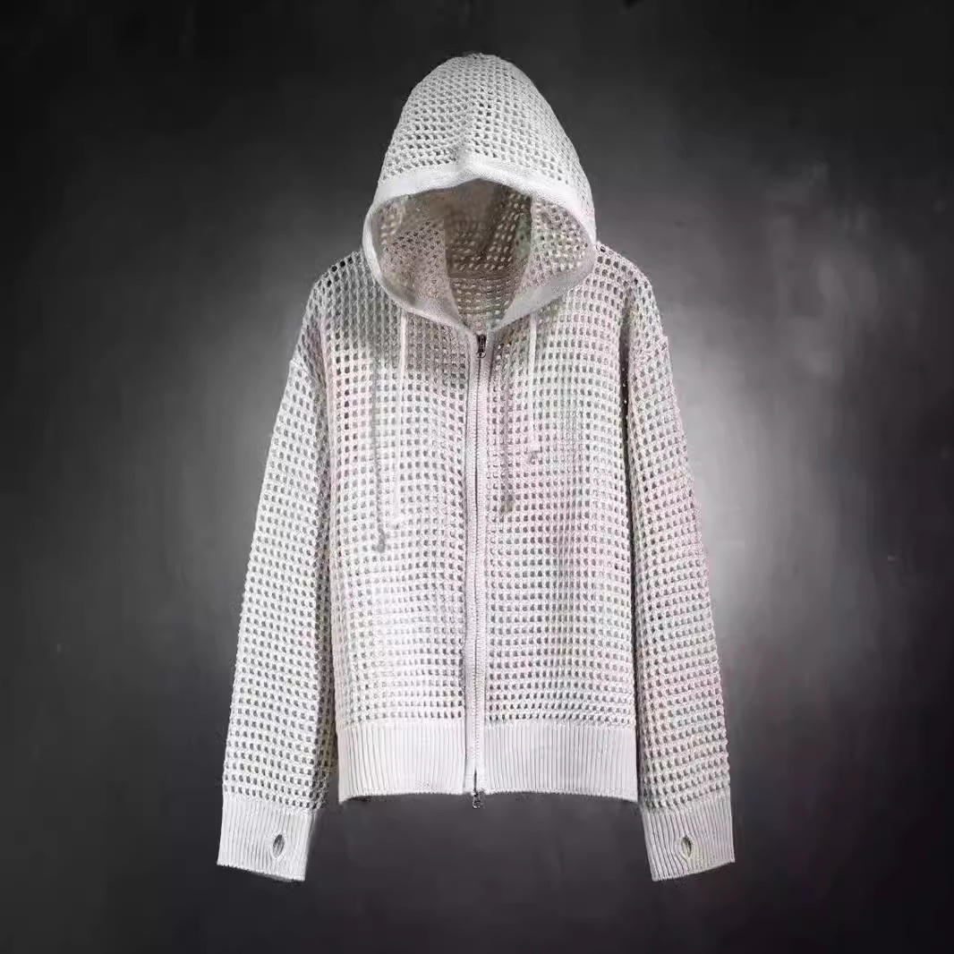 欧品の透かし彫りの帽子のメリヤスの男性の高級感の網状の長袖の日焼け止めの服の目の毛織の糸の服のカーディガンのコート