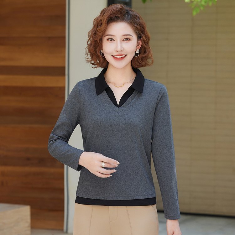 一件代发春秋季新款翻领长袖t恤女打底衫2025百搭显瘦上衣妈妈装|undefined