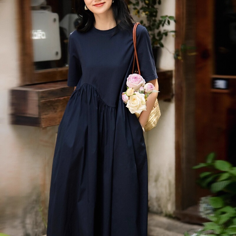 Lightweight Choice, Casual Elegant, Structured Pleated Splicing Design Short-Sleeved Dress/Mid-Length Skirt Lightweight Choice, Casual Elegant, Structured Pleated Splicing Design Short-Sleeved Dress/Mid-Length Skirt