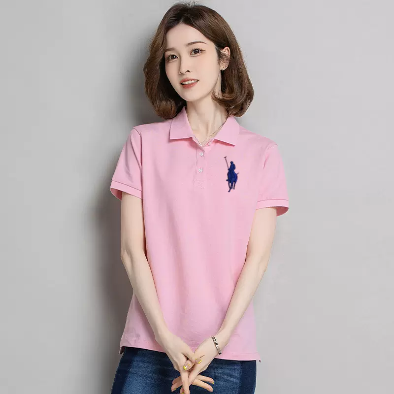 纯棉翻领polo衫女士短袖t恤夏季宽松带领刺绣工作服文化衫logo图