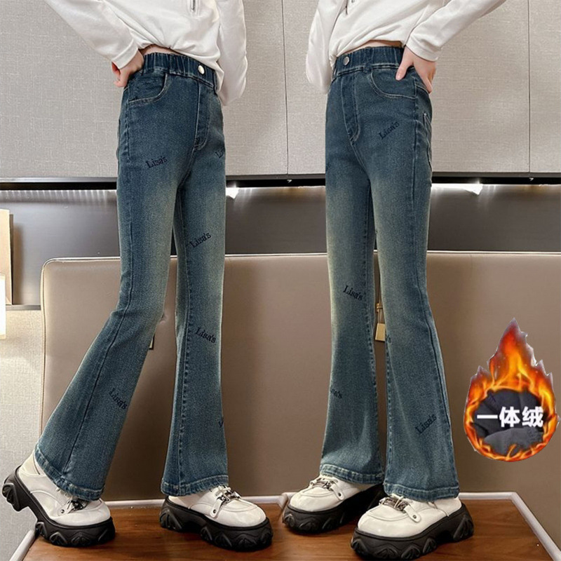 소녀 청바지 가을 겨울 2024 새로운 복장 아동복 레트로 겨울 중 대형 어린이 마이크로 플레어 바지 원피스 벨벳