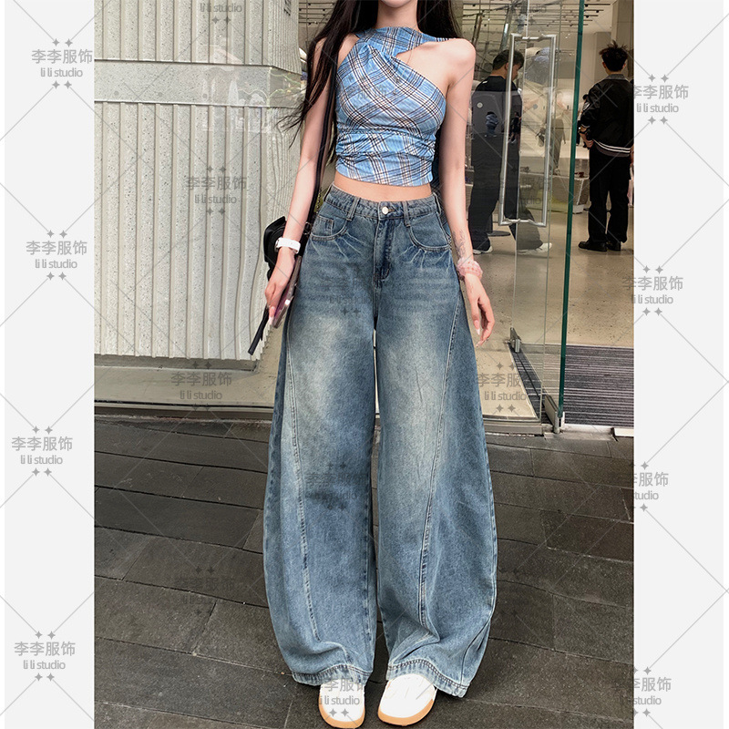 美式高街水洗弯刀牛仔裤女2025秋季新款高腰宽松显瘦痞帅阔腿裤|undefined
