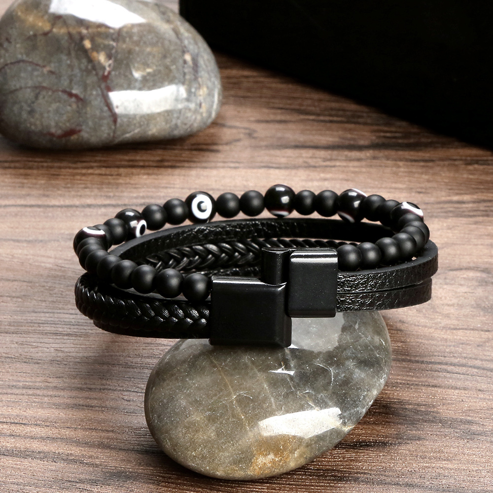 2PCS Glas Teufelsauge Perlen Leder Mehrschichtige Legierung Schnalle Armband Herren Neuer Stil_voghion.com
