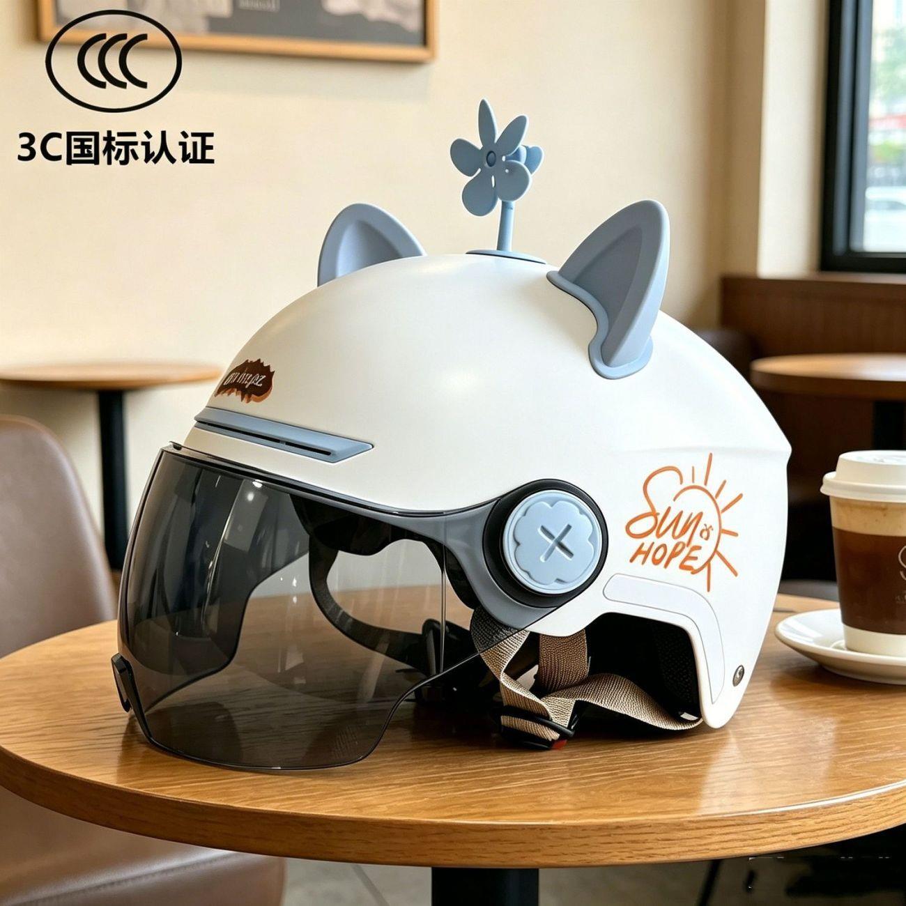 Newly certified electric motorcycle helmet for men and women, cute cat ears for summer, new national standard, all-season electric scooter safety helmet