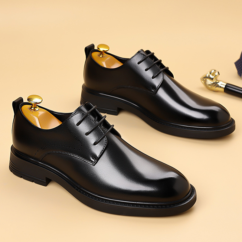 zapatos de cuero de negocios de hombre, cabeza redonda, cinturón clásico, zapatos de hombre, capa de cabeza antideslizante y resistente al desgaste, zapatos de derby con suela gruesa