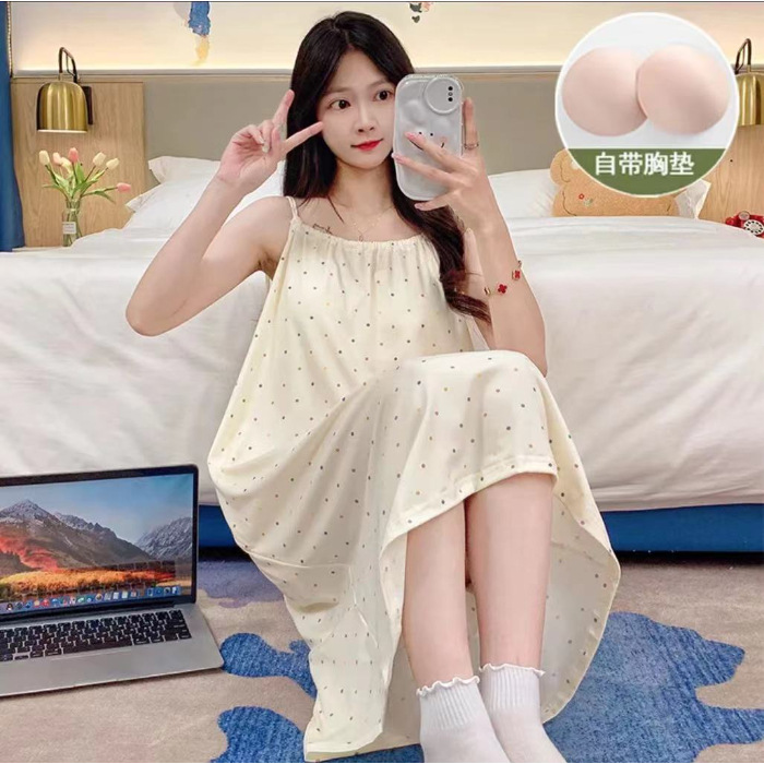 Verano punto de onda pijama mujer dulce simple correa casual un cuello suelto pijama casero cojín de pecho al por mayor