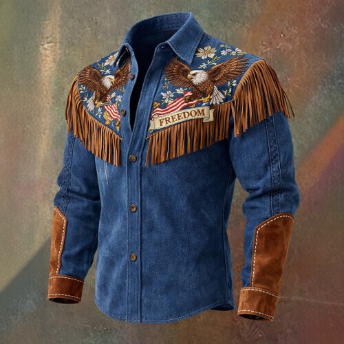 Western Cowboy Fringed Shirt Men's Retro Slim Long-Sleeved Jacket American Trendy Printed Jacket Men's Clothing Western Cowboy Fringed Shirt Men's Retro Slim Long-Sleeved Jacket American Trendy Printed Jacket Men's Clothing