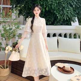 新中式2024夏季新款森系复古中国风新中式旗袍裙汉元素蕾丝连衣裙