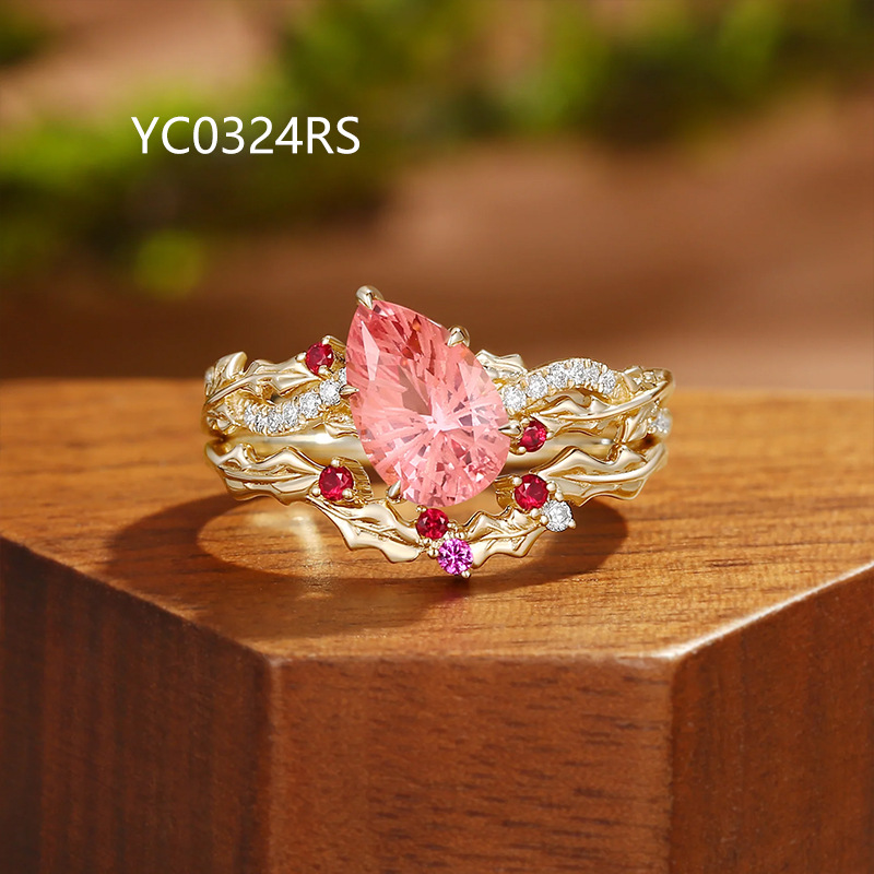 Ins Cross-Border Pink Padparadscha Water Drop Stacking Ring Set for Women S925 Sterling Silver Plated with 18K Gold Cultured Gemstone Ring