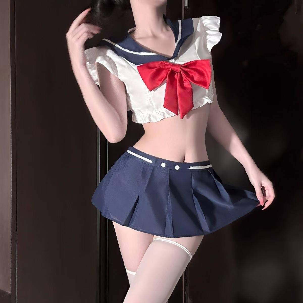 Sailor Schoolgirl Costume Set with Top, Miniskirt, Panties and Stockings — detail image 1
