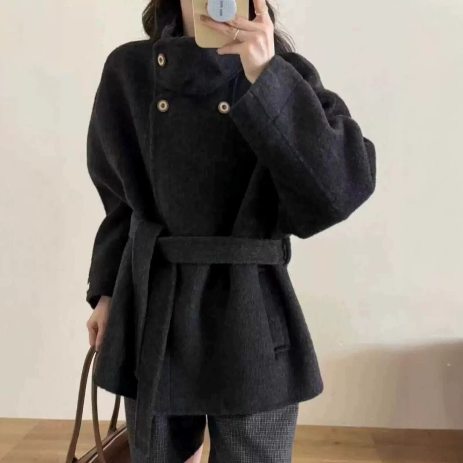 2025秋冬款双面羊毛大衣立领绑收腰中长款羊毛外套女毛呢大衣
