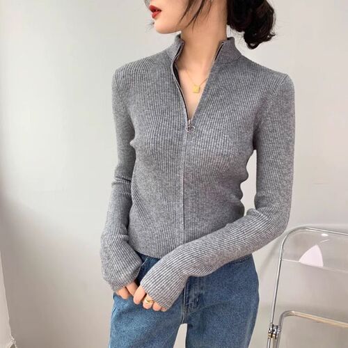 Short zipper stand-neck retro French casual lazy sweater coat Small figure slim-fitting knitted cardigan