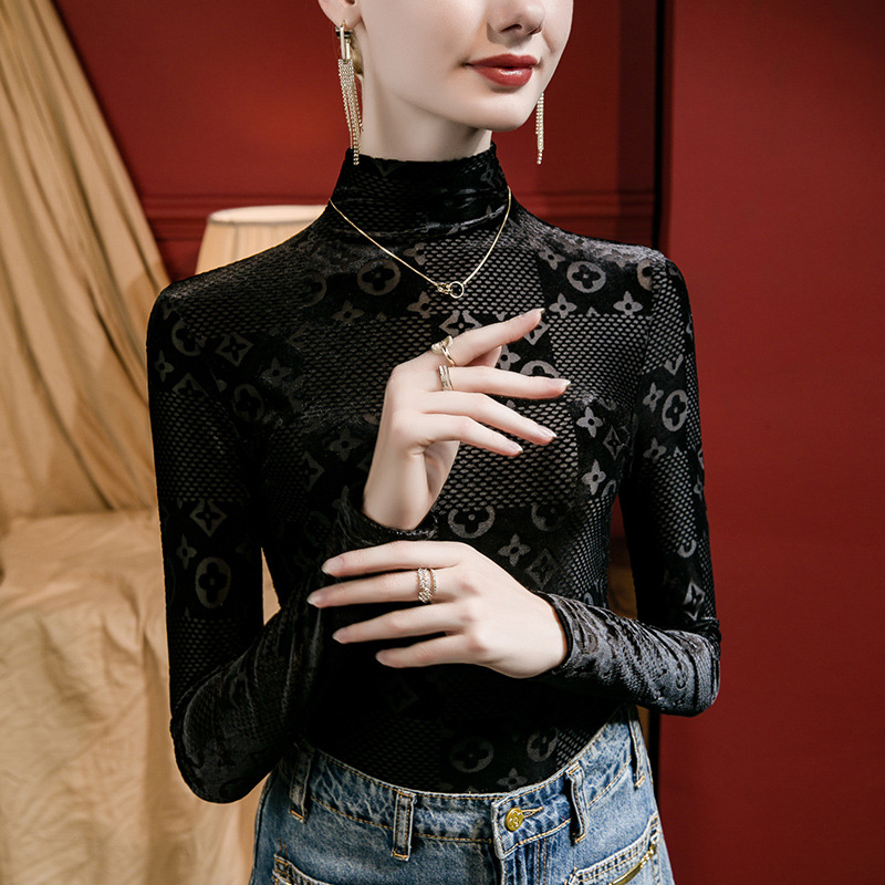 Camisa de fondo de terciopelo Jacquard de cuello alto para mujer slim fit 2023 otoño nuevo color sólido ropa interior Otoño e Invierno Camiseta de manga larga image 3