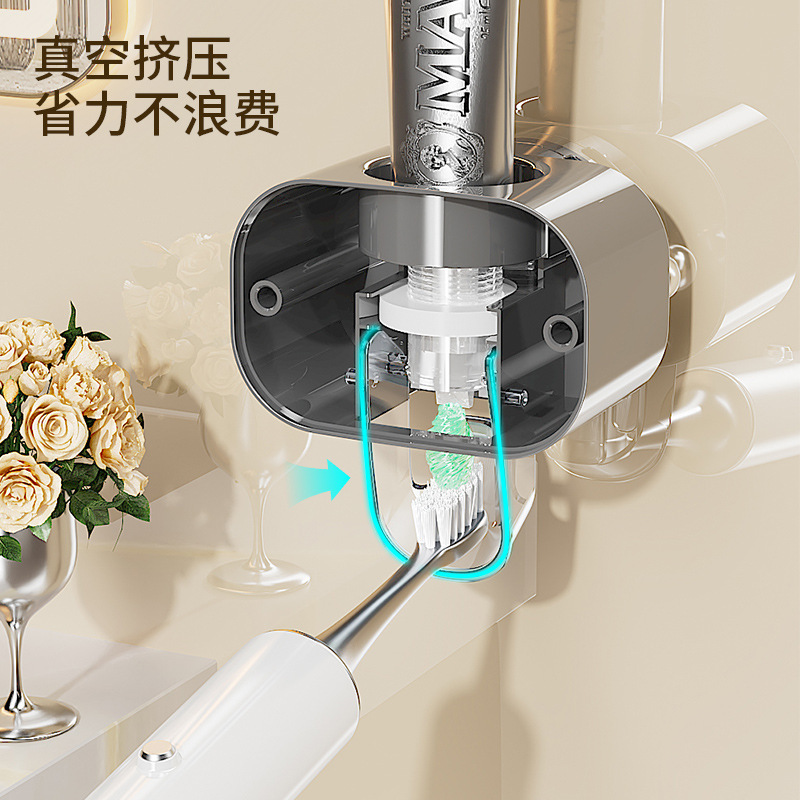 歯磨き粉の神器を押し出す全自動押出機の棚に壁掛け式の怠け者の歯ブラシを置く|undefined