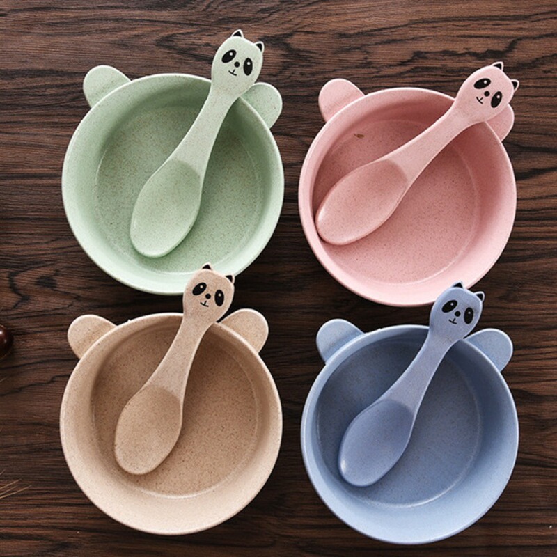 Wholesale Children's Panda Tableware Wheat Straw Bowl and Spoon Set Anti-scald Anti-drop Tableware Gift