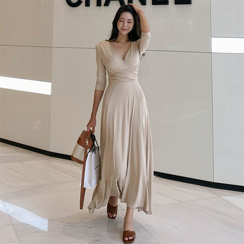 South Korea Dongdaemun Spring and Summer New Slim-fit Comfortable Slimming Lace-up Wrap dress Deep V-neck High Waist Dress for Women South Korea Dongdaemun Spring and Summer New Slim-fit Comfortable Slimming Lace-up Wrap dress Deep V-neck High Waist Dress for Women