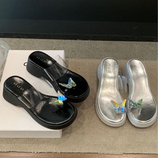 083-12~2025 New Summer Thick-Soled Wedge-Heeled French High-Bottom Butterfly Slip-On Sandals for Women to Wear Outside