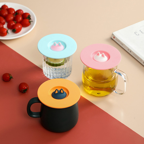 Leakproof round universal mug lid wholesale creative cartoon cat ears food grade silicone cup lid dustproof
