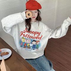 美式复古圆领卫衣女港风杏灰色秋冬季宽松慵懒风ins潮上衣外套