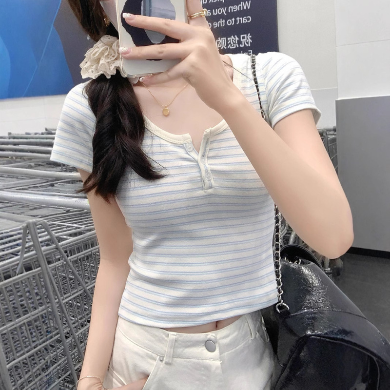 Right Shoulder Stripesd Short-Sleeved T-Shirt for Women 2025 Summer Women's New Half-Open Collar Slim Slim Student Short Top
