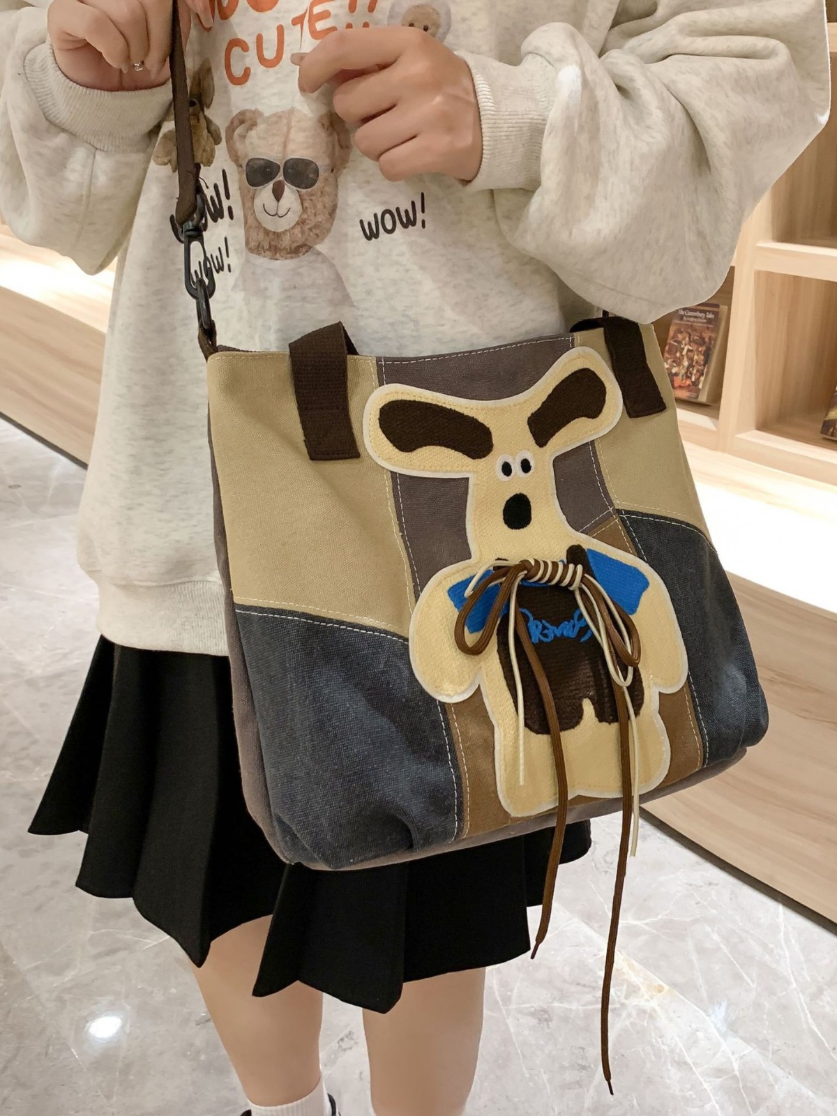 Retro cute capacious shopping bag, Japanese shoulder bag, linen bag