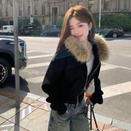 华棉复合银狐绒420克 原版+内抽可拆卸毛领 连帽长袖卫衣外套上衣