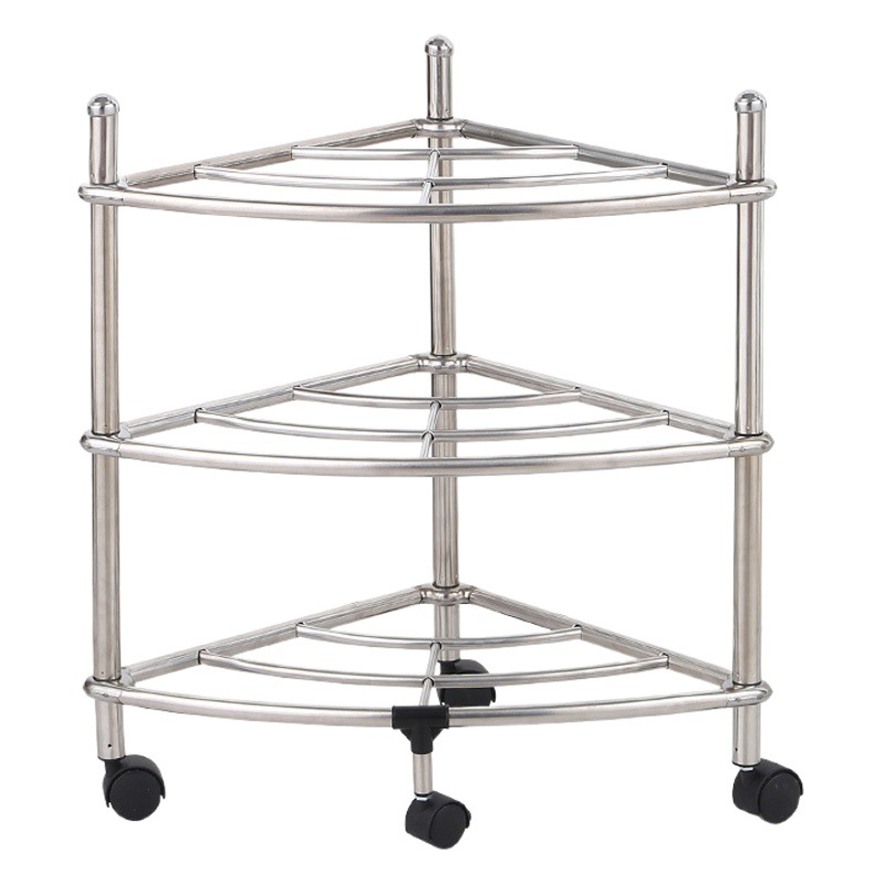 Acero inoxidable esquina almacenamiento rack piso multi-capa almacenamiento rack cocina olla rack baño lavabo rack con polea trípode