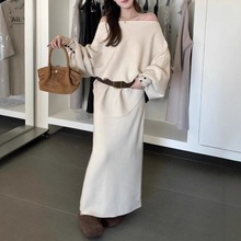 法式大码不规则一字领蝙蝠袖针织衫毛衣半身裙套装女包臀裙两件套