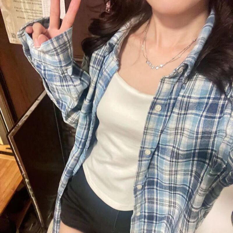幂式穿搭格子衬衫女慵懒风复古宽松衬衣开衫外套长袖上衣春秋季|undefined