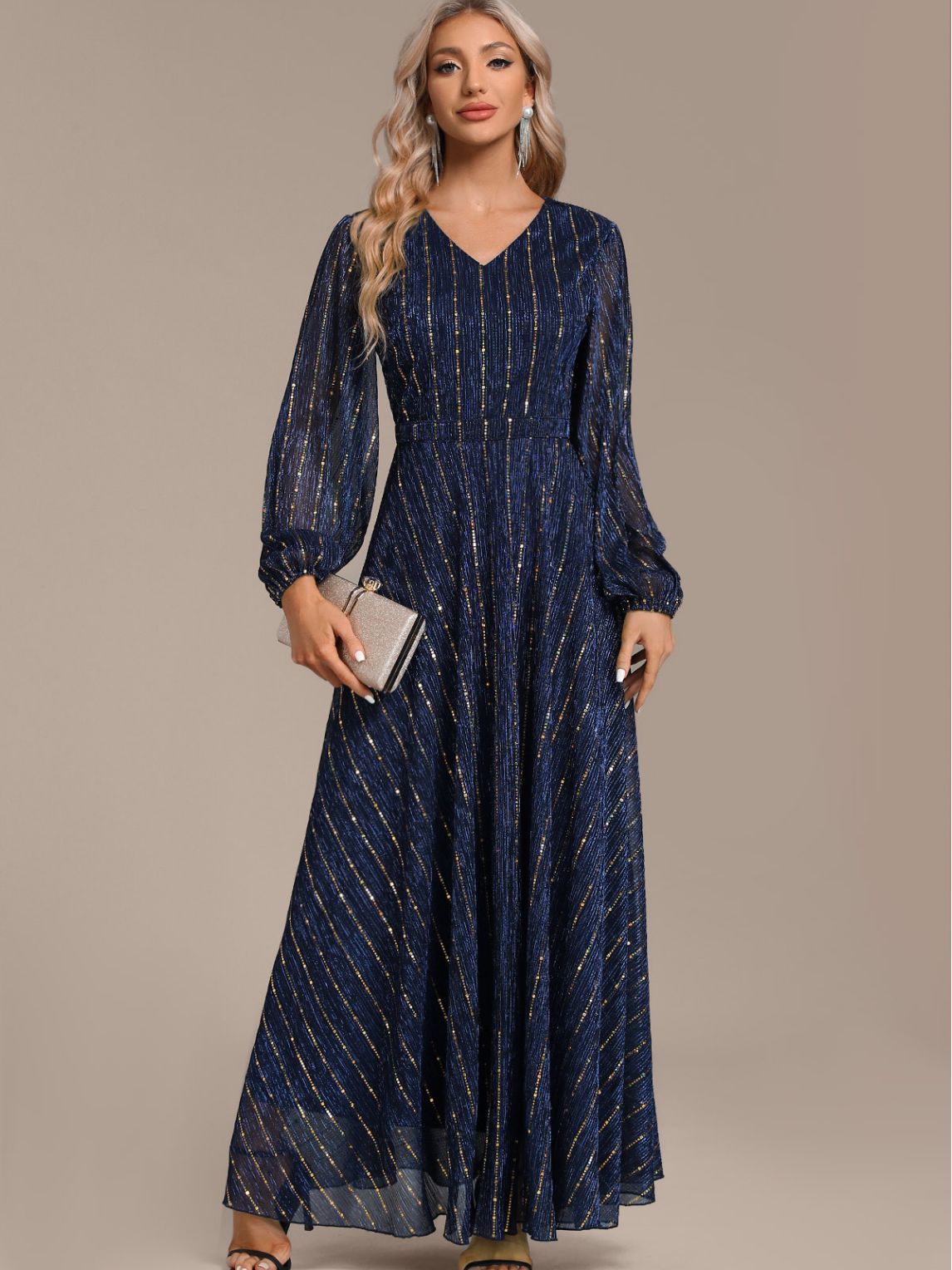 Vestido de lentejuelas de estilo europeo y americano, elegante y moderno, vestido de gala, vestido de noche de manga larga.