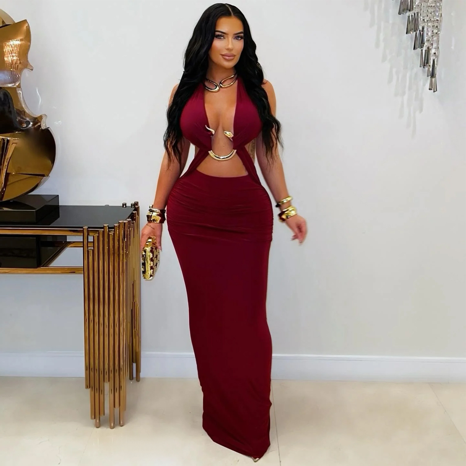 C7572 Aliexpress transfronterizo amazon ropa de moda europea y americana sexy delgada de color sólido correa de brazo vestido image 5