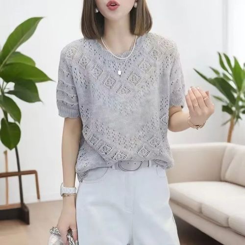 Korean-style fashionable hook and eye lace short-sleeve women's spring summer versatile design sense little black dress knit sweater
