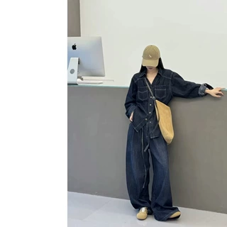 宽松阔腿裤新款秋季上衣2026套装两件套复古时尚气质牛仔牛仔衬衫