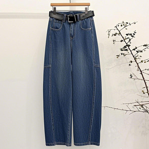 深圳2025新款南油女装欧货高腰美式宽松显瘦镰刀弯刀阔腿牛仔裤女