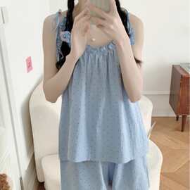 韩国ins女士夏季新品韩系圆点简约舒适木耳边睡衣套装休闲家居服
